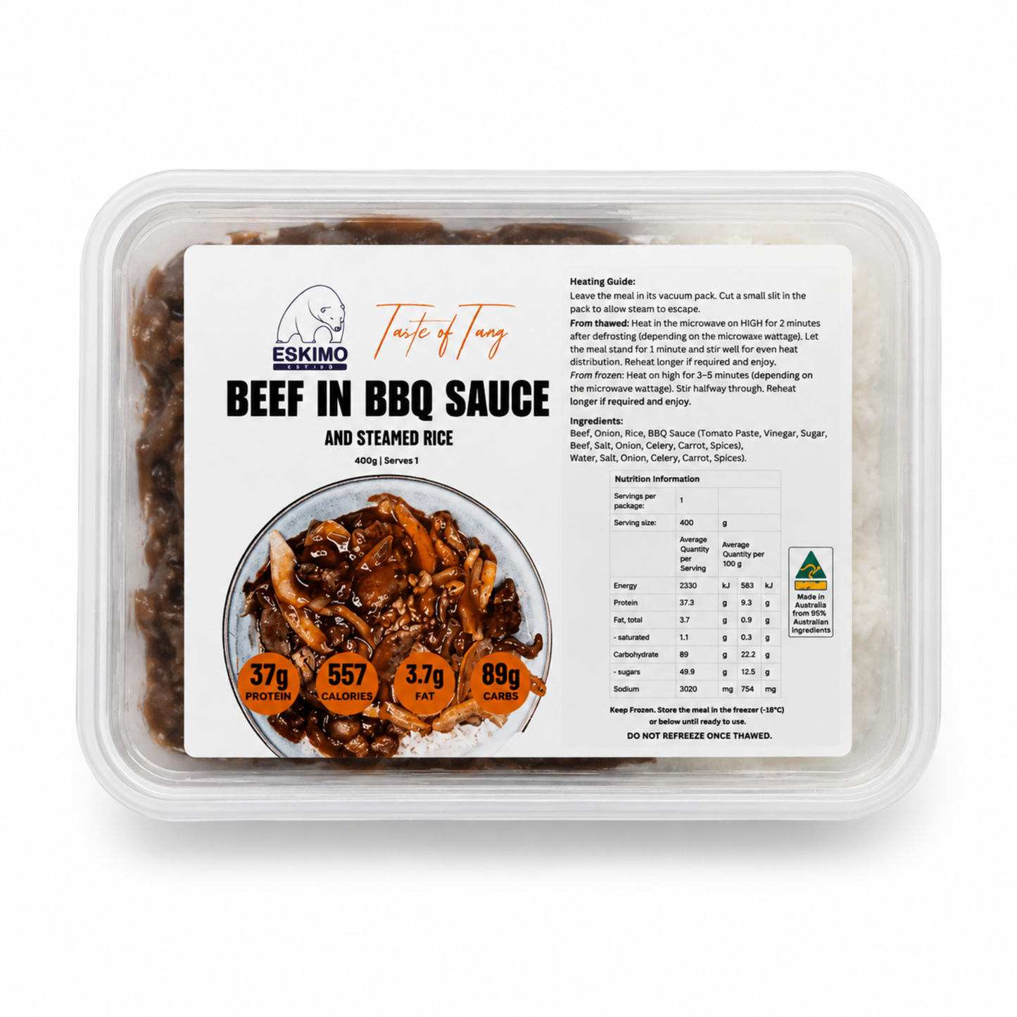Beef with Taste of Tang BBQ Sauce and steamed rice
